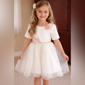 Girls Ivory Tulle Dress w/ Pink Floral Appliqués Size 7